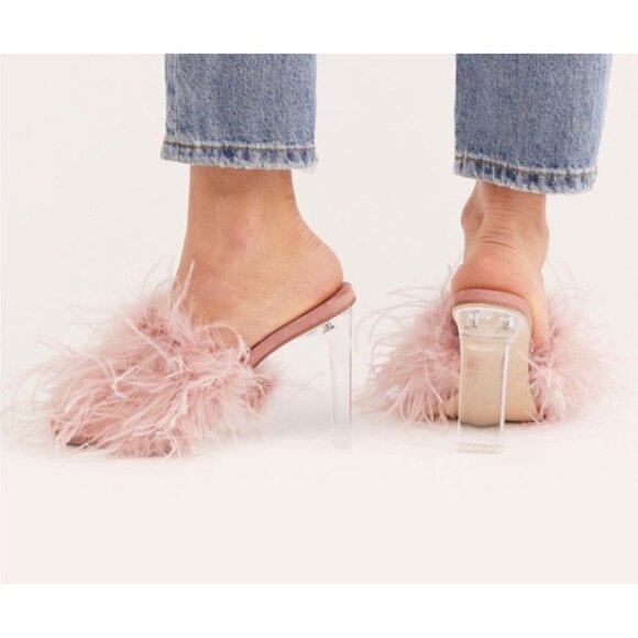 FREE PEOPLE X JEFFREY CAMPBELL Sz 7 DAISY FEATHER BOA HEELS PINK - Picture 1 of 13